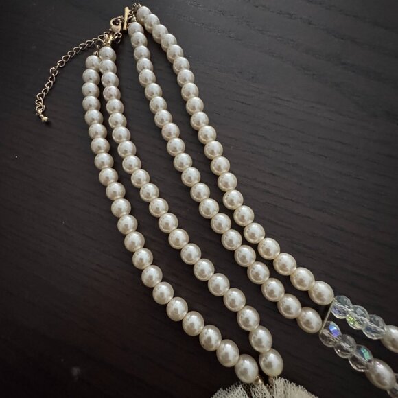 Statement Necklace White Faux Pearls and Clear AB Faceted Beads Tulle Flowers - Picture 6 of 9